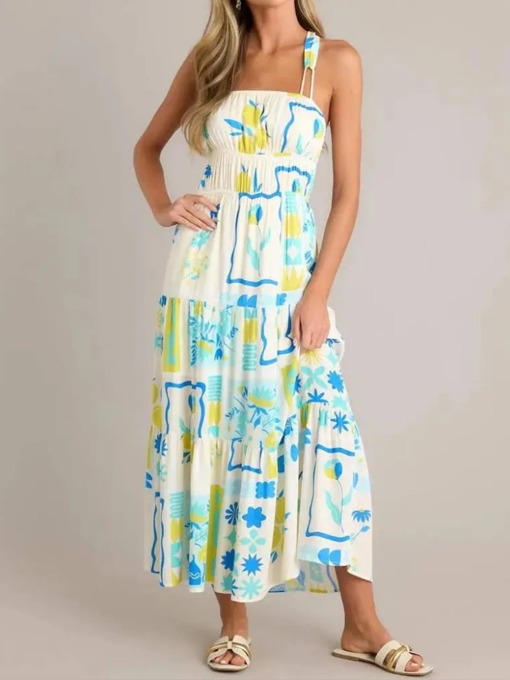NWOT Multi-Print Tiered Midi Dress